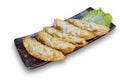 Gyoza dumpling real original traditional stlye serve in black dish on white background die cut with clipping path