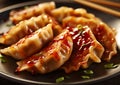Gyoza fried traditional dumplings on plate.Macro.AI generative