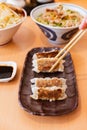 Gyoza Japanese Pan-Fried Dumplings held by chopsticks served with sauce and sesame oil Royalty Free Stock Photo