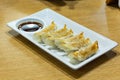 Gyoza and sauce on a white plate. Royalty Free Stock Photo