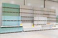 Gypsum board stacks at indoor warehouse