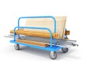 Gypsum boards, metal profiles, wooden planks and profiles are stacked and loaded on a blue trolley for long loads, isolated on