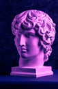 Gypsum copy of ancient famous statue Antinous head on dark textured background. Plaster antique sculpture young man face Royalty Free Stock Photo