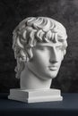 Gypsum copy of ancient statue Antinous head on dark textured background. Plaster sculpture man face. Royalty Free Stock Photo