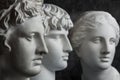 Gypsum copy of ancient statue Apollo, Antinous and Venus head on dark textured background. Plaster sculpture face. Royalty Free Stock Photo