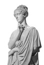 Gypsum copy of ancient statue of thinking young lady isolated on white background. Side view of plaster sculpture woman Royalty Free Stock Photo