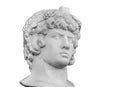 Gypsum copy of famous ancient statue Antinous head isolated on a white background. Plaster antique sculpture young man Royalty Free Stock Photo