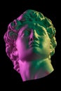 Gypsum copy of head statue David for artists. Plaster face of sculpture youth David before fight with giant Goliath by