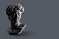 Gypsum statue of David`s head. Michelangelo`s David statue plaster copy on dark grey background with copyspace for text. Ancient