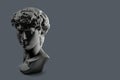 Gypsum statue of David`s head. Michelangelo`s David statue plaster copy on dark grey background with copyspace for text. Ancient