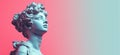 Gypsum statue of the head of Aphrodite in a pensive pose on a pastel gradient background