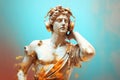 Gypsum statue in headphones on colored abstract background. Generative AI