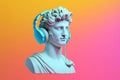 Gypsum statue in headphones on colored abstract background. Generative AI