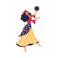 Gypsy dancer dancing with tambourine, flat vector illustration isolated. Royalty Free Stock Photo