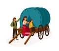 Gypsy family sitting on wagon flat vector illustration. House on wheels, caravan isolated on white background. Mother
