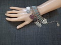 Coin bracelet ethnic boho gypsy style silver color bijou with blue rinestones