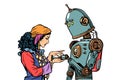 A Gypsy telling fortunes by the hand. The robot wants to know ab Royalty Free Stock Photo