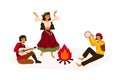 Gypsy traditional entertainment flat vector illustration. Romani people dancing and playing folk musical instruments