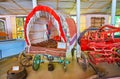 The Gypsy wagon and old fire pump in Museum of National Land Transport, on May 22 in Pereiaslav, Ukraine Royalty Free Stock Photo