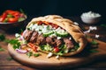 A gyro sandwich filled with savory meat and vegetables, mediterranean food life style Authentic