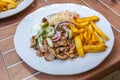 Gyros, Greek dish from sliced meat roasted on a turning spit, served with French fries, coleslaw, tzatziki and onions on a white Royalty Free Stock Photo