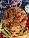 Gyros grilled meat slices on a pita bread, top view Royalty Free Stock Photo