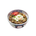 Gyudon beef bowl with onsen egg and beni shoga, isolated on white background with clipping path