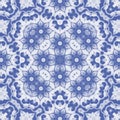 Gzhel printing on tiles or ceramic dishes. Symmetrical seamless pattern of petals and flowers geometric folk ornament