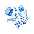 Gzhel. Watercolor drawing isolated blue flower and branches. Russian traditions, floral element