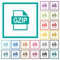GZIP file format flat color icons with quadrant frames