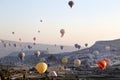 View from the observation deck of the village of GÃÂ¶reme on the flight of balloons over the valleys