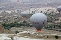 View from the observation deck of the village of GÃÂ¶reme on the flight of balloons over the valleys