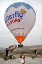 View from the observation deck of the village of GÃÂ¶reme on the flight of balloons over the valleys