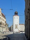 2018/4/19: Goerlitz, Saxony, Germany: Old town of city Goerlitz, Saxony, Germany, with historical tower and department store