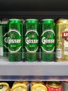 GÃÂ¶sser beer in a green jar on a supermarket shelf. Royalty Free Stock Photo