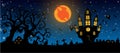 Halloween and full moon in the dark night.Dark castle on blue Moon background.
