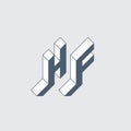 H and F - Monogram or logotype. HF - 2-letter code. Isometric 3d font for design. Three-dimension letters. Brutal logotype