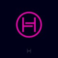 H flat logo. H letter. Pink H emblem with circle.