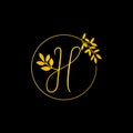 H Gold letter and Gold Leaf logo design. H Letter golden initial luxury Boutique Nature Floral Flower. H Monogram vector design