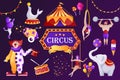 Circus banner template. Set of cartoon vector objects and characters. Vector illustration. Acrobats and animals. Promotion Show. Royalty Free Stock Photo
