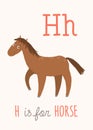 H letter tracing. Horse. Cute children farm alphabet flash card. Funny cartoon animal. Kids abc education. Learning