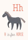 H letter tracing. Horse. Cute children farm alphabet flash card. Funny cartoon animal. Kids abc education. Learning