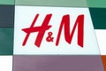 H&M logo close up shot on the city mall