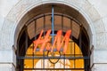 H&M logo hanging above a Hennes and Mauritz store front in The Hague, The Netherlands