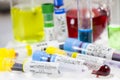 H1N1, Covid-19, Hepatitis C, Tuberculosis and Staphylococcus viruses blood tests in the tubes, laboratory diagnostics