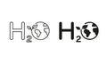 H2O Ecology Line and Silhouette Icon Set. Eco Water Chemistry Formula with Globe and Leaf Symbol Collection on White