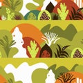 Seamless pattern with mountain hilly landscape with tropical plants and trees, palms. Scandinavian style.