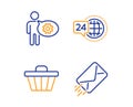 24h service, Cogwheel and Shop cart icons set. E-mail sign. Call support, Engineering tool, Web buying. Vector