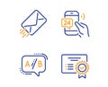 24h service, E-mail and Ab testing icons set. Certificate sign. Call support, Mail delivery, Test chat. Vector