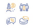 24h service, Partnership and Bitcoin project icons set. Pie chart sign. Vector